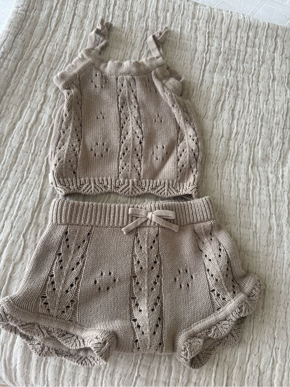 Beige Knit Baby Girl Tank Top & Shorts Set
